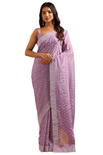 Soch Womens Lavender Satin Stone Embellished Saree