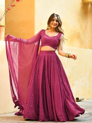 Zeel Clothing Women's Sequins Thread Embroidered Georgette Lehenga Choli With Dupatta (5124-Women-Lehenga-Choli-Latest,Free size) (Pink)