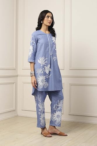 BIBA Women Blue Cotton Straight Kurta Pants Set_36