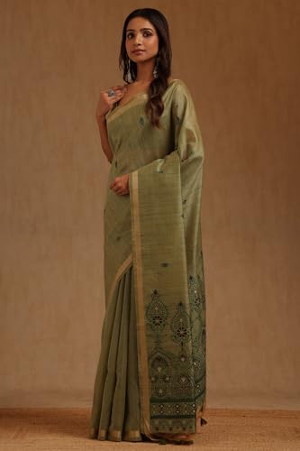 Soch Womens Green Tussar Woven Design Saree