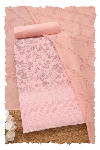 Soch Womens Peach Cotton Floral Print Unstitch Dress Material With Thread Work