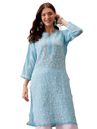 Ada Lucknowi Hand Embroidered Chikankari Straight Georgette Kurti Kurta for Women A95484 Blue (5XL)
