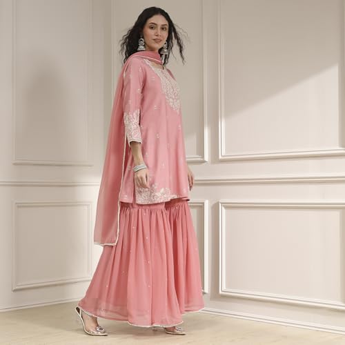 Biba Women Light Pink Cotton Silk Embroidered Straight Suit Set_40