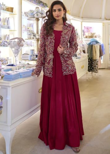 Miss Ethnik Women's Maroon Vichitra Silk Stitched Gown with Jacket Full Sleeve Solid A-Line Gown (ME-1322-Maroon-M)
