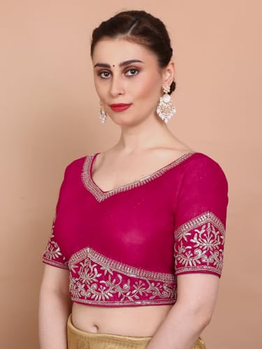 S SALWAR STUDIO Pink Silk Embroidered Readymade Alterable Blouse