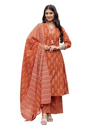 Pistaa's Women's Pure Cotton Anarkali Printed Kurta with Palazzo & Dupatta Set (Rust, XXX-Large)