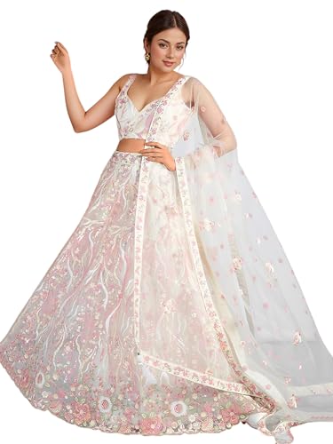 Zeel Clothing Women's Sequins Embroidered Work Soft Net Designer Lehenga Choli With Dupatta (6033-White-Wedding-Stylish-Lehenga-Choli-Latest; Free Size)