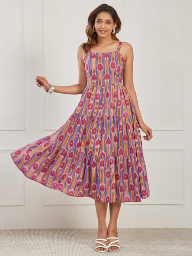 BIBA Dyed Cotton A Line Casual Dress Blue