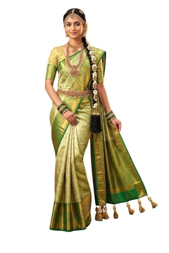 VFCollections Women's Traditional Handloom Kanchipuram Silk Pure Pattu Sarees | Rich Zari Woven Design | Unstitched Blouse (VFC265-3)