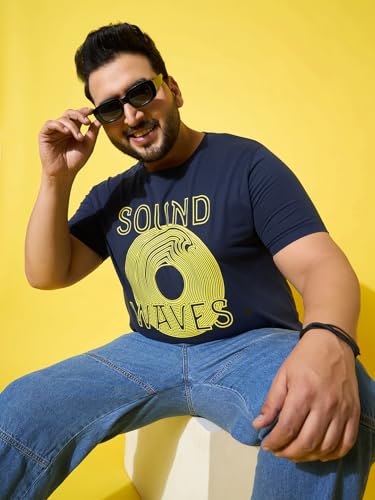 Bigbanana Men Plus Size Printed Navy Round Neck Tshirt (Frequency,Navy,7XL)