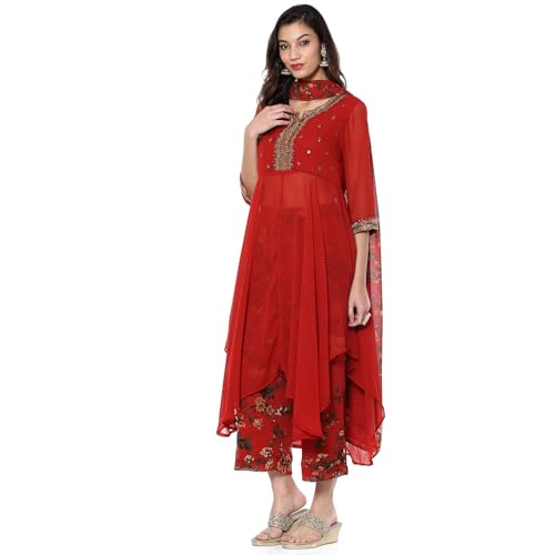 BIBA Women's Georgette Kurta Sets (SKDFLOROM10098AW24RED_Red