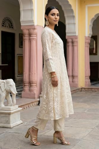 Wishful Women’s Powder Yellow Sequins Embroidered Straight Georgette Kurta with Straight Pants and Dupatta Set - (SP13602-400512-S)