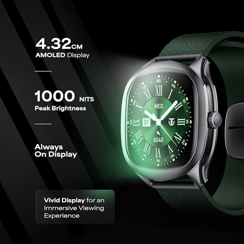 Titan EVOKE S Smartwatch with 1.7” AMOLED Display,1000 Nits, AI Watch Faces, Rotary Crown, AI Chat, Smart Glance, Flush strap Transition,Magnetic Precision Buckle,BT Calling, 24/7 Health Suite - Green