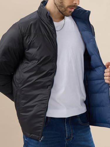 Status Quo Men’s Solid Quilted Puffer with Stand Collar Reversible Jacket | 100% Polyester | NAVY/BLACK | XL Size