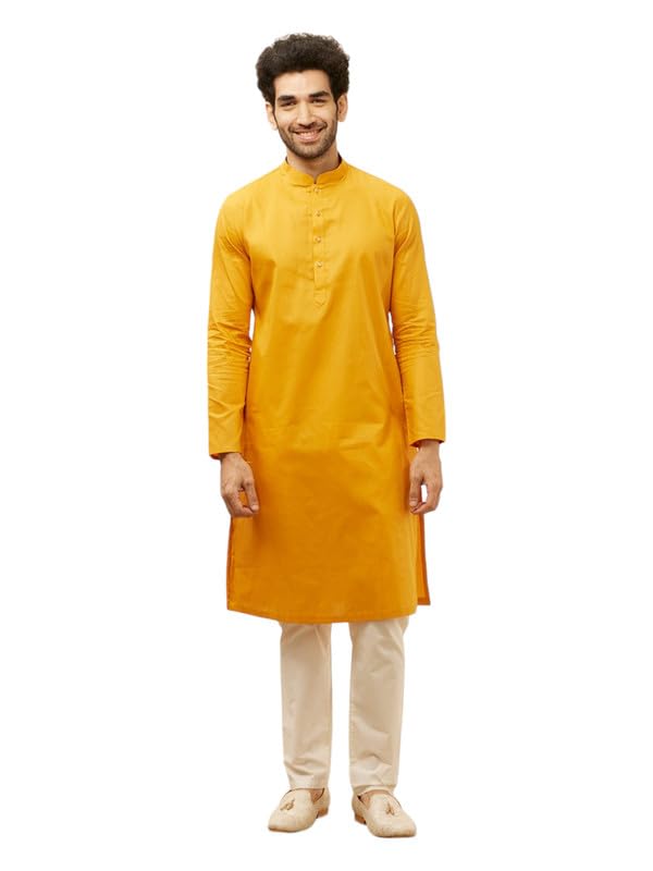 Manyavar Men's Mustard Cotton Checks Kurta Pyjama Set
