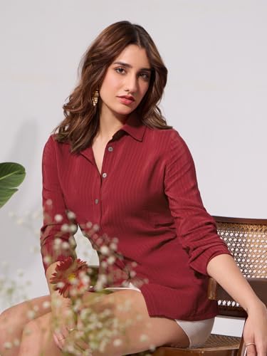 The Souled Store Side Rouching Shirt: Red Women and Girls Long Sleeves Collared Neck Button Front Slim Fit Viscose Shirts