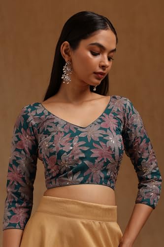 Soch Womens Blue Organza Floral Print Padded Blouse with Zari