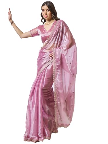 ORHANS Women's Organza Thread & Zari Embroidered Work Saree With Organza Matching Embroidered Work With Unstitched Blouse Piece