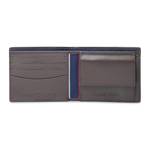 Tommy Hilfiger Men's Leather Wallet Strovolos | Laser-Detailed Brown Bi-Fold with Global Coin Pocket | Stylish Purse for Gents