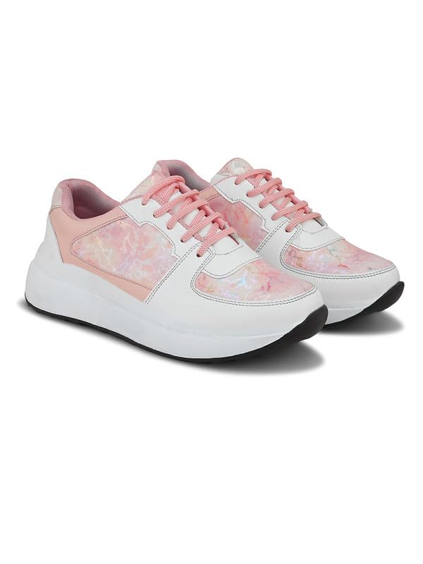 XE Looks Women Pink Printed Lace-Up Sneakers | Comfortable Lightweight Soft Sole Casual Shoes for Girls | Fashionable, and Stylish Design Footwear | Ideal for Walking, Running and Daily Use