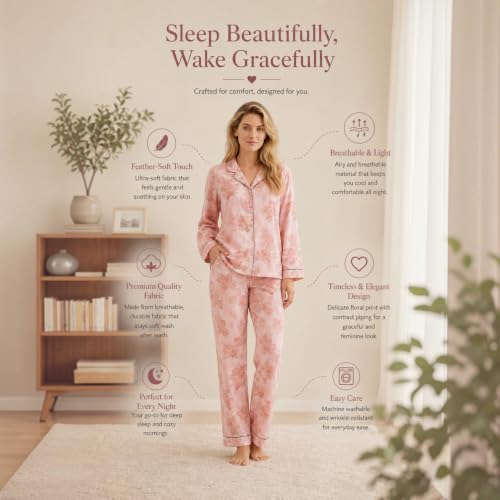 KRESTLY Women's Cotton Floral Printed Night Suit Full Sleeve Pajama Set (Blush Pink Floral Prints, S-M (Inside Garment Label XL))