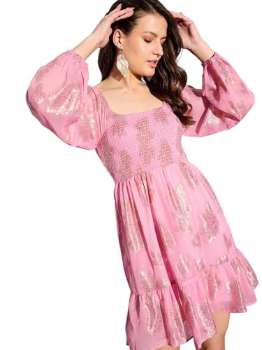 barcino Pink Square Neck Smocked Mini Dress