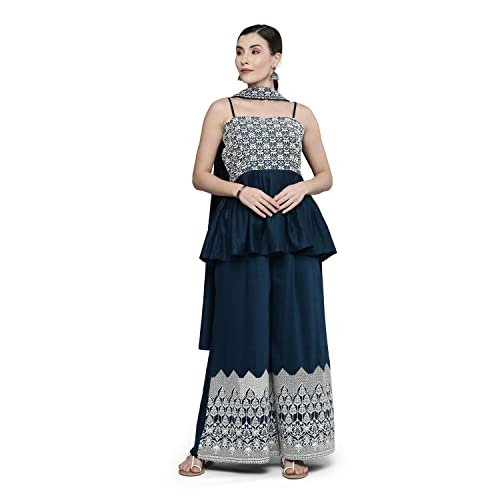 LYMI LABEL Teal Blue Silk Blend Flared Sequinned Kurta Set with Dupatta