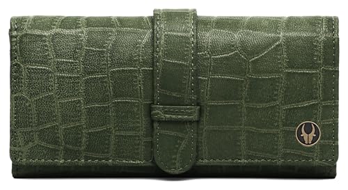 WildHorn Women’s Genuine Leather RFID Blocking Wallet | Tri-Fold High-Capacity Ladies Purse with Card Slots, Zipper Coin Pocket & Snap Closure | Ideal Gift for Women (Green Croc)