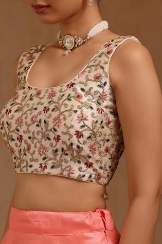 Soch Womens Cream Tussar Embroidered Padded Blouse Thread Work