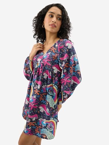 The Souled Store Official Disney: Viscose Blend Mushroom Women & Girls Full Sleeves V Neck All Over Printed Mini Dresses Multicolour