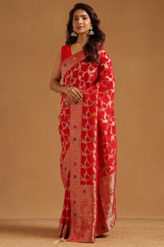 Soch Womens Red Crepe Botanical Zari Woven Saree