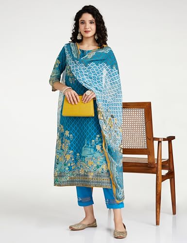 BIBA Cotton Women Printed Straight Salwar Kurta Dupatta(Skdassorted7483E_Turquoise_34)