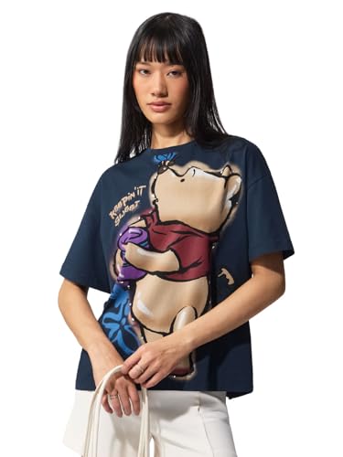The Souled Store Winnie The Pooh: It's Sweet Women and Girls Short Sleeves Round Neck Navy Blue Graphic Printed Embroidered Cotton Oversized Streetwear T-Shirt