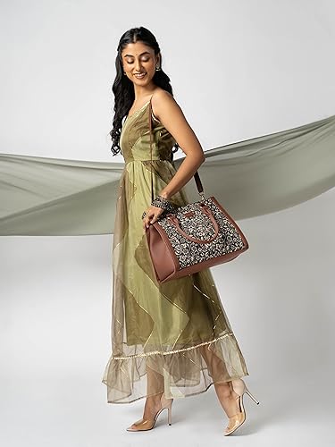 ZOUK FloMotif Floral Printed Jute Handcrafted Vegan Leather Black Women's Satchel Bag | Ladies Purse Handbag | Double Handle Detachable Strap
