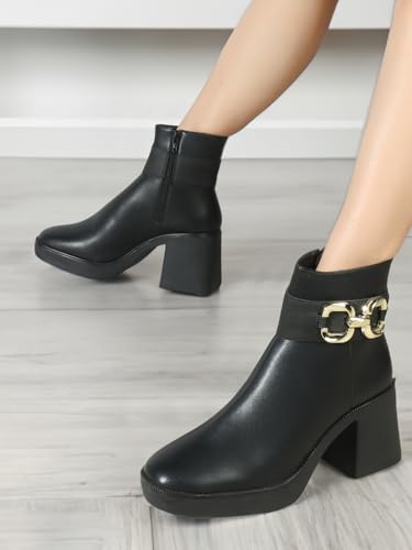 ELLE Women Block-Heel Ankle Boots with Chain Detail