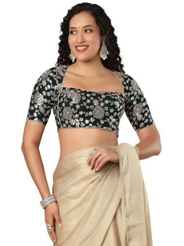 SALWAR STUDIO Bottle Green Georgette Sweetheart Neck Readymade Blouse with Embellishment