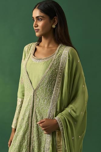 Wishful Women's Green Embroidered Anarkali Dress with Churidar and Dupatta Set - (SP12858-401187-L)