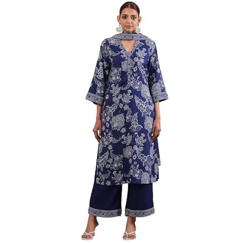 Biba Women Navy Blue Viscose Rayon Straight Suit Set_36