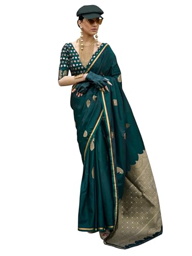 AKHILAM Women's Green Satin Silk Woven Design Saree with Unstitched Blouse Piece (KNTKLS382006_RJ)