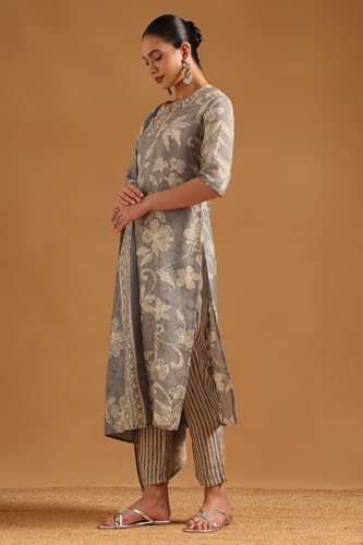 Soch Womens Grey Polyester Botanical Salwar Suit With Beads