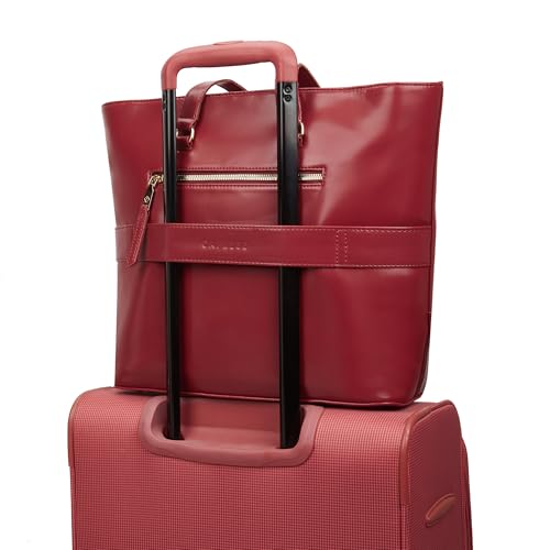 Caprese Macie 16 Inch Large Laptop Compatible Tote Bag for Women | Textured Faux Leather Shoulder Bag with Trolley Sleeve & Zipper Closure | Stylish Office, Work, Travel Handbag (Cherry Lacquer)