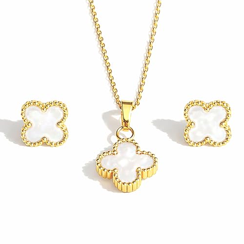 Clover Anti Tarnish Necklace Set | Clover Necklace and Earrings Jewellery Set for Women | Waterproof and hypoallergenic | Stylish Minimal Jewelry Sets | Modern Design Aesthetic Accessories | Ideal for Occasional Gifting | Comes in a gift box (Pearl White)