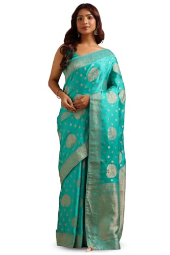 Soch Womens Turquoise Blue Satin Ethnic Motifs Zari Woven Saree
