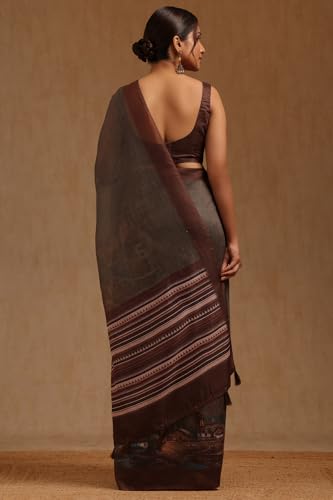 Soch Womens Olive Chanderi Digital Print Saree