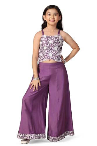Fashion Dream Girl's Silk Blend Ethnic Top and Palazzo Set |Kids Salwar Suit Set|Embroidered Suit for Girls|Indo Western Set (FDGSET00229 PRP 32_Purple_9-10 Years)