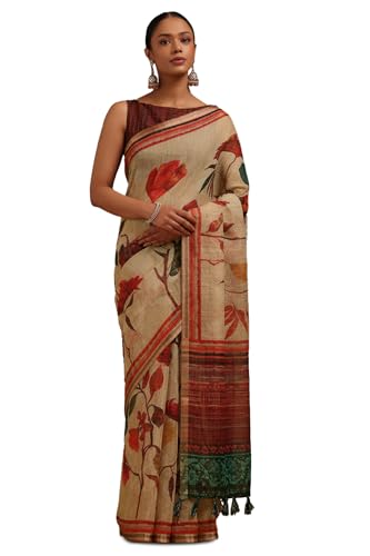 Soch Womens Beige Linen Blend Botanical Print Saree With Zari Woven