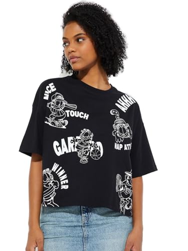 Max URB_N Women Garfiled Print Boxy Fit T-Shirt (Black_S)