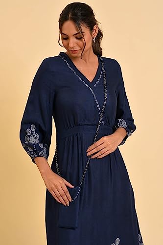 W for Woman Women's Rayon Blue Mock Layer Western Dress with Slim Bag Calf Length 23FEW18883-810412