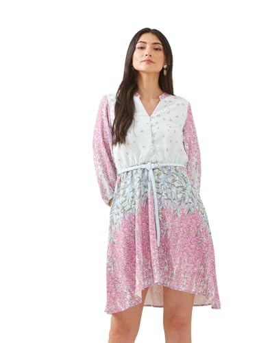Latin Quarters Women Pink Mandarin Collar 3/4 Sleeves Fit & Flare Printed Casual Dress_M