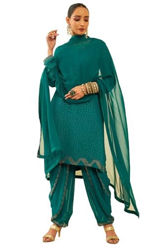 Soch Womens Teal Georgette Embellished Suit Set With Stones